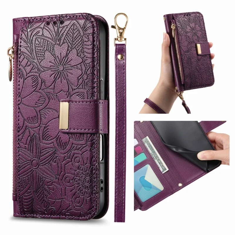Magnetic Leather Zip Wallet Phone Case with Lanyard