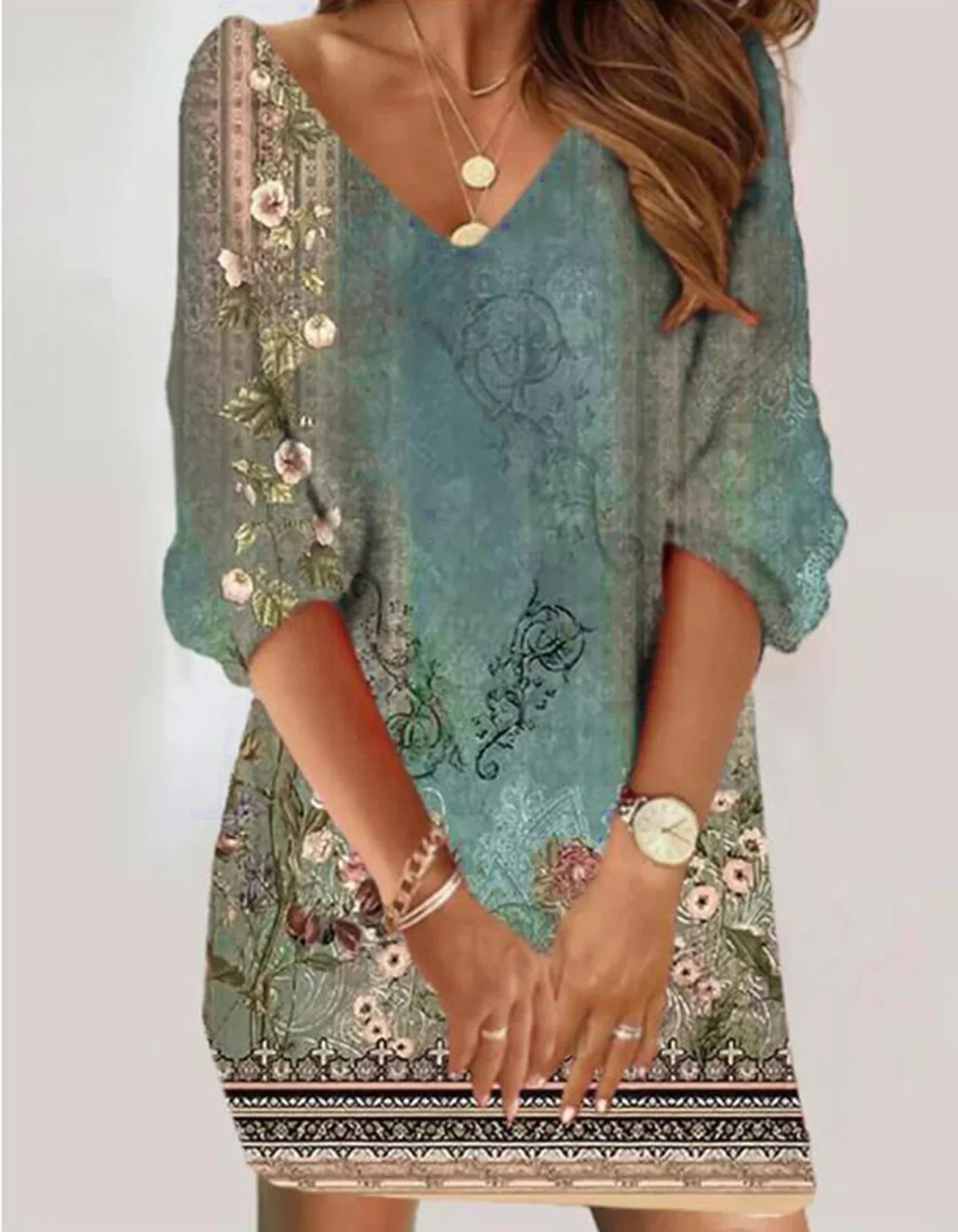 Spring Summer Women New Elegant Retro Flower Printing Casual Temperament V-neck Lantern Sleeve Dresses Summer Dress Streetwear