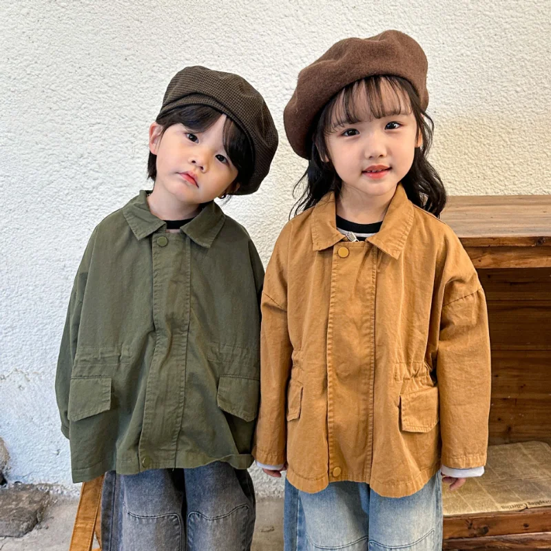 

2023 Autumn Unisex Kids solid color cotton jackets Girls loose casual Coats Boys lapel collar outwear