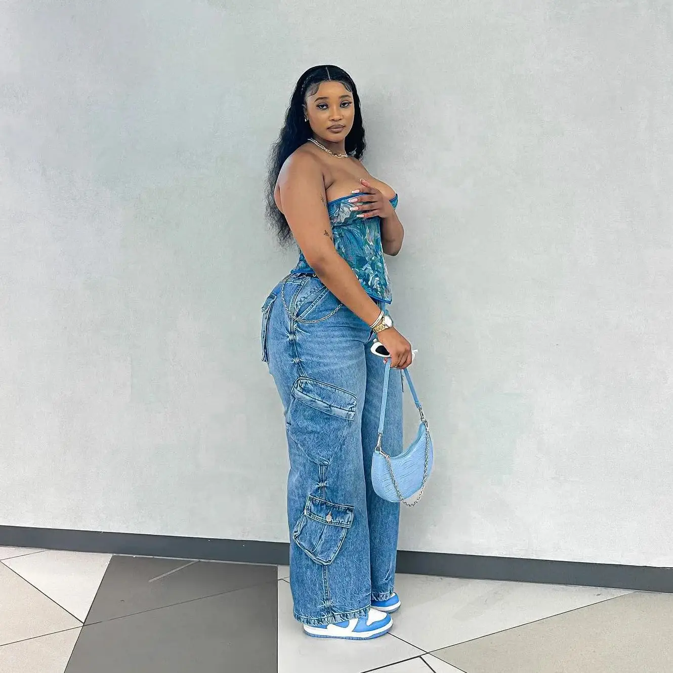 Denim Pocket Pants Jeans High Waist Cargo Y2K Streetwear 2023 Sexy Trouser Denim Parachute Women Winter Baggy Wide Leg Pants