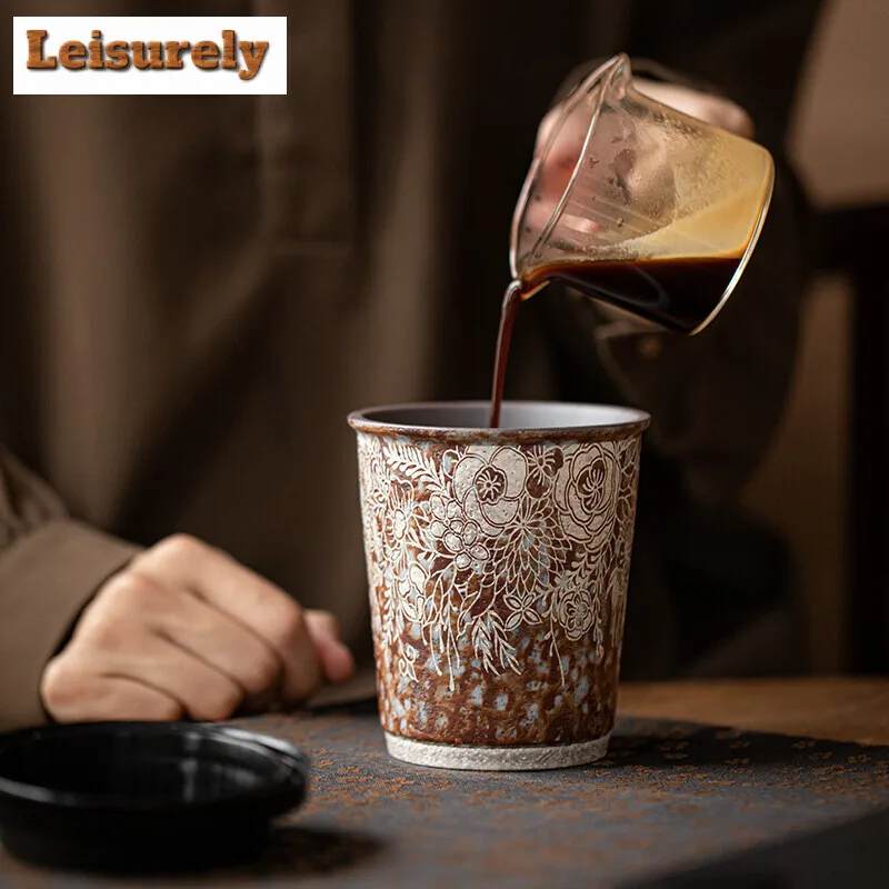 330ml Retro Old Rock Mud Coffee Mug Flower Gilded Silver Office Water Cup Large Coarse .water Coke Mug Couple Handgrip Cup Gifts