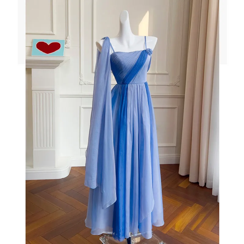

Stylish Women's Blue Chiffon Dress, Single Shoulder, Floral Applique, Sliding Straps, Open Back, Sexy Birthday Dresses, 2023