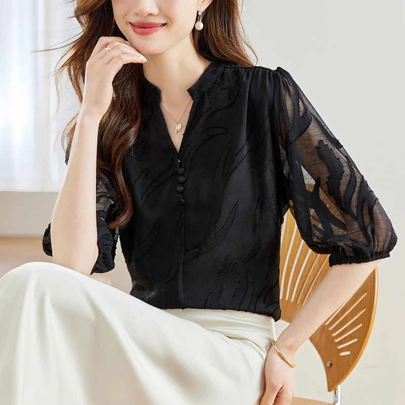 QOERLIN V Neck Half Sleeve Loose Buttons Tops Shirts Black Korean Fashion Elegant Casual Blouse Lace Summer Shirts Workwear Tops