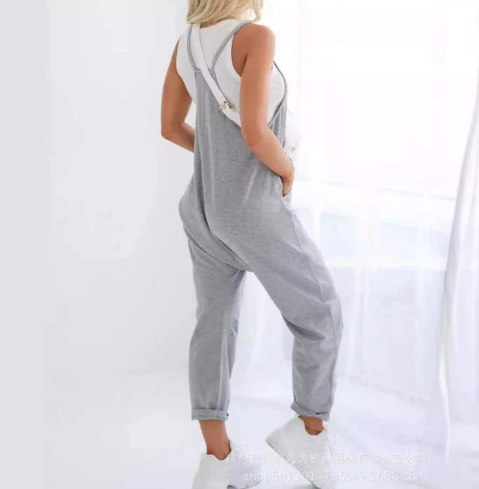 2024 Summer Fashion Casual Women's Rompers Camisole Sleeveless Wide Leg Cuffs Overall Pants Loose Fit Pocket Design Jumpsuit