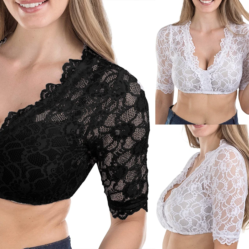 Small Shirt Top Hollow Out Short Underwear Medium Length Sleeve Floral Pattern Top Lace Bottom Shirt Undershirt