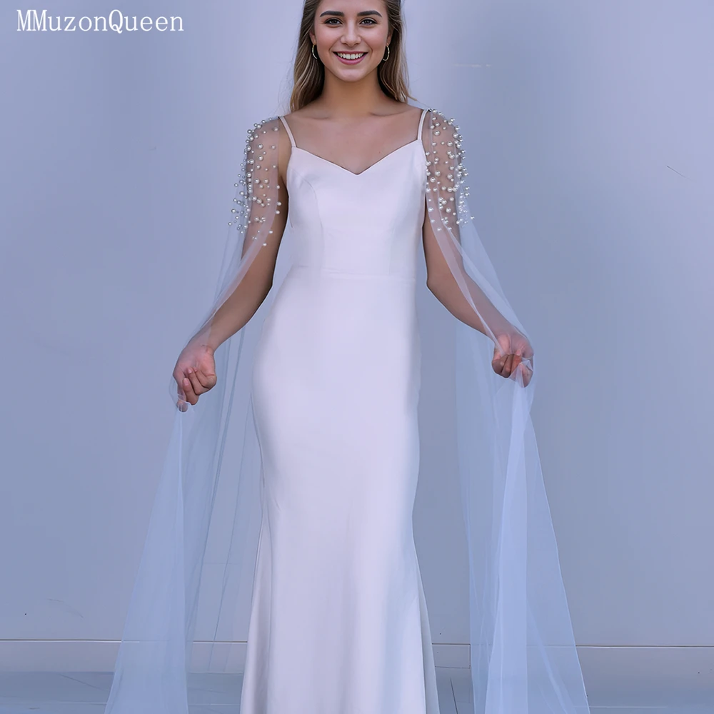 TOPQUEEN Luxuriöser Brautcape für Damen mit langer Schleppe und Perlenverzierung, einlagiger transparenter Netzschal MG42-L – Detail 2