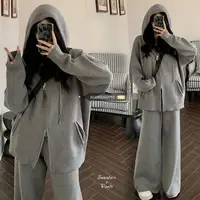Automne femmes survêtement ample gris Double fermeture éclair veste à capuche avec taille haute pantalons de survêtement deux pièces ensemble Jogging Fitness sport costume 1