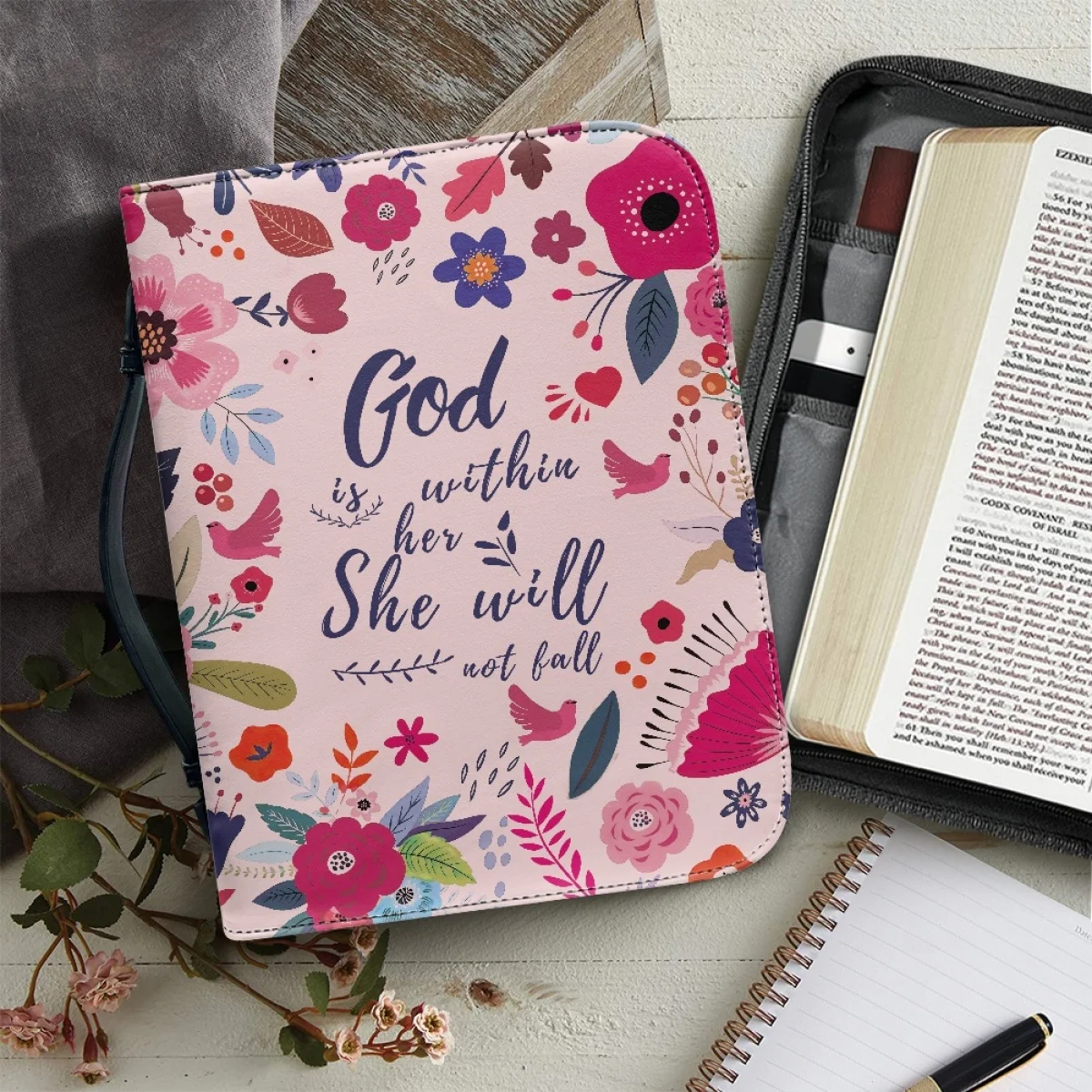 

Pink Flowers Print Handbags Words Christian Belief Multi Slots Cover Case Female Bags Fashion Ladies Bible Bags Bolsas Femininas
