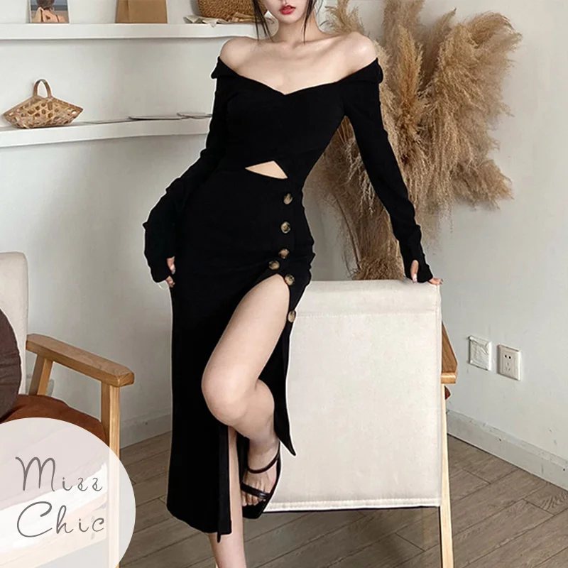 

Y2k Knit Cut Out Black Midi Dress Women Long Sleeve High Waist Bodycon Sexy Slit Dress Female Streetwear Vestido Autumn Clothes