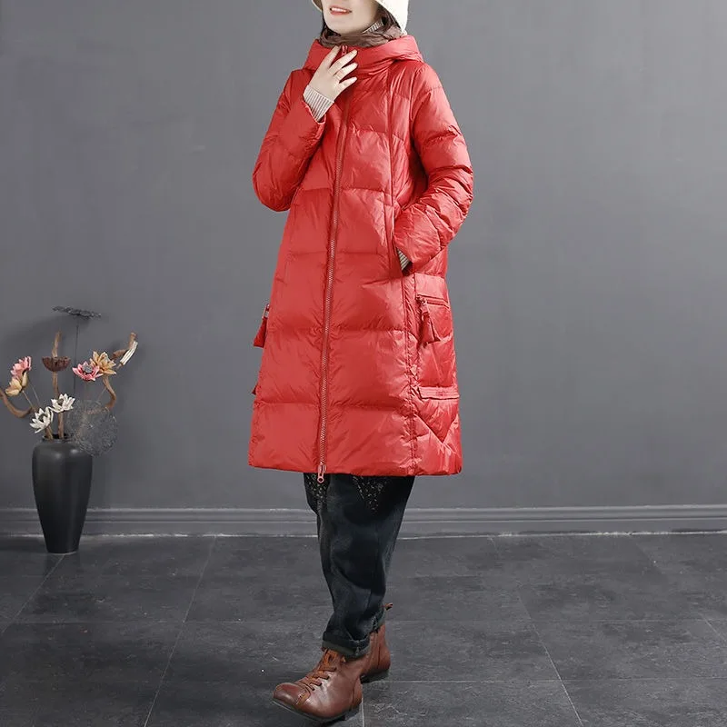 2023 New Women Down Jacket Winter Coat Female Mid Length Version Parkas Loose Thick Warm Outwear Hooded Leisure Time Overcoat