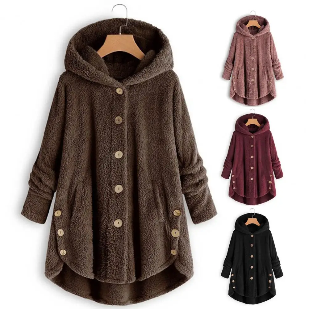 

Women Plush Coat Women Winter Coat Stylish Women's Winter Coat Thick Double-sided Fleece Hooded Design Irregular Hem Pockets
