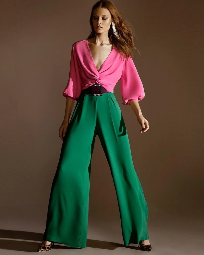 2022 Women's Two-Piece Set Spring Temperament Suit Long Sleeve V-neck Slim Bicolor Tops and Wide Leg Pants Goddess Plus Size