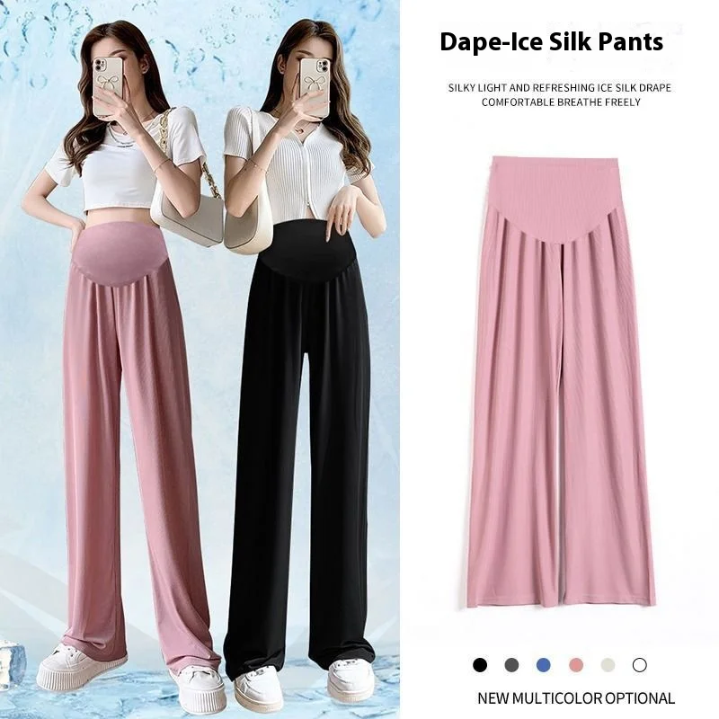 Summer Women's Maternity with Pockets Large Size Maternity Trousers Outside Wearing Thin Section of Ice Silk Draped Wide-Legged 3