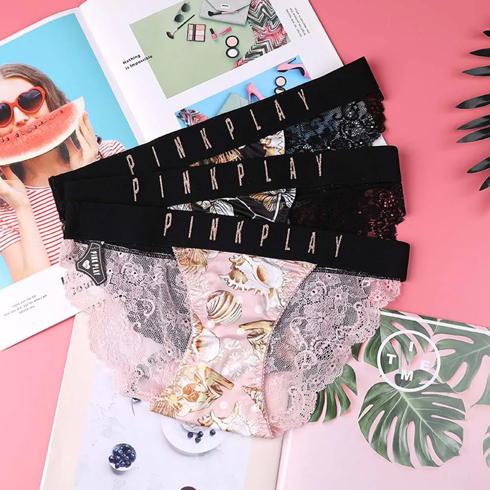 

Underwear Sexy Lace Nylon Underpants Letter Women Thong Flower Panties Sexy Briefs Conch Pattern