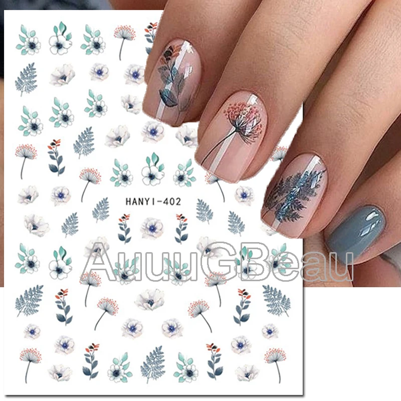 3d Nail Art Decals Winter Grey White Florals Flower Leafs Dandelions Adhesive Sliders Nail Stickers For Manicure