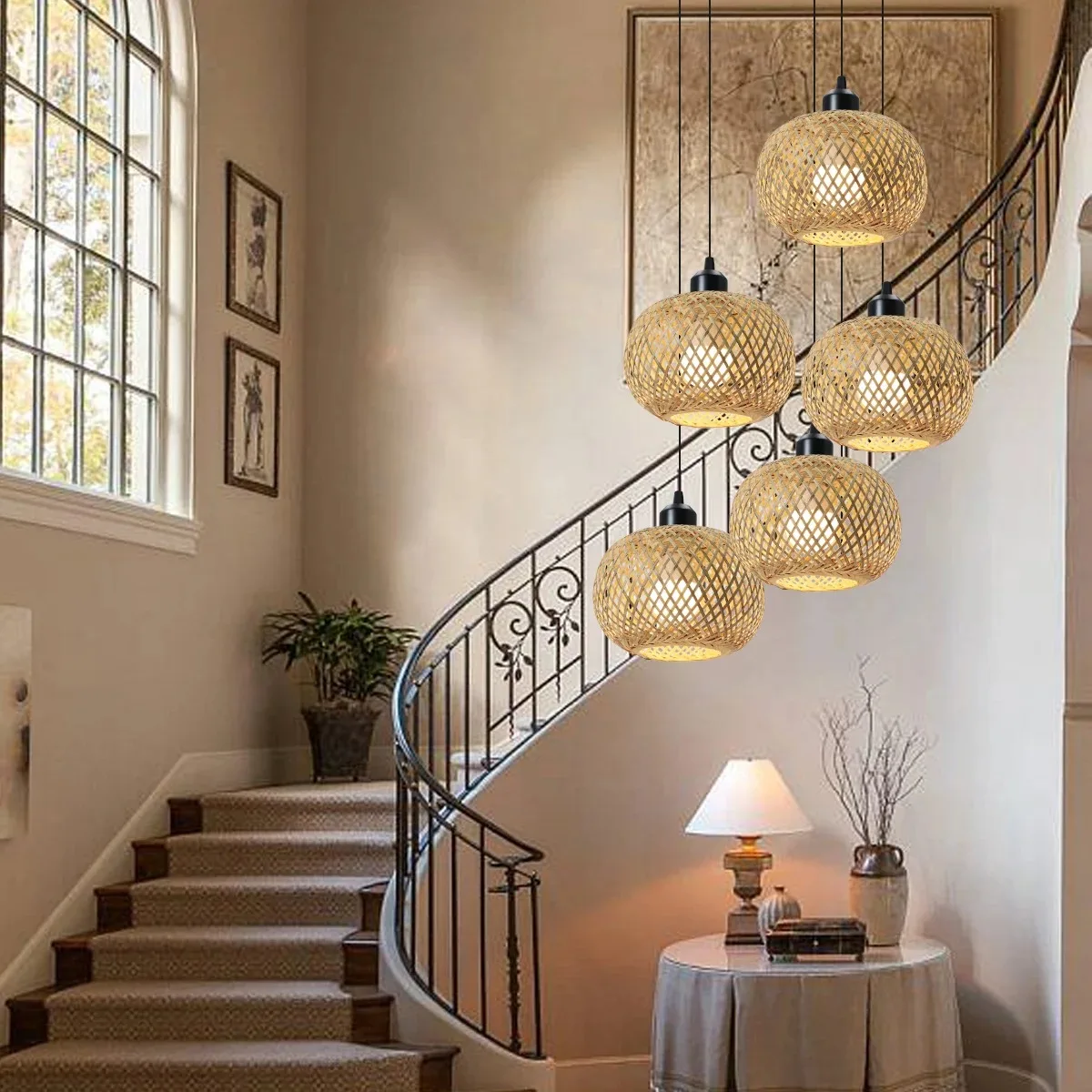 Retro Bamboo Woven Ceiling Lamp - E27 Decorative Light Fixture for Living Room and Corridor
