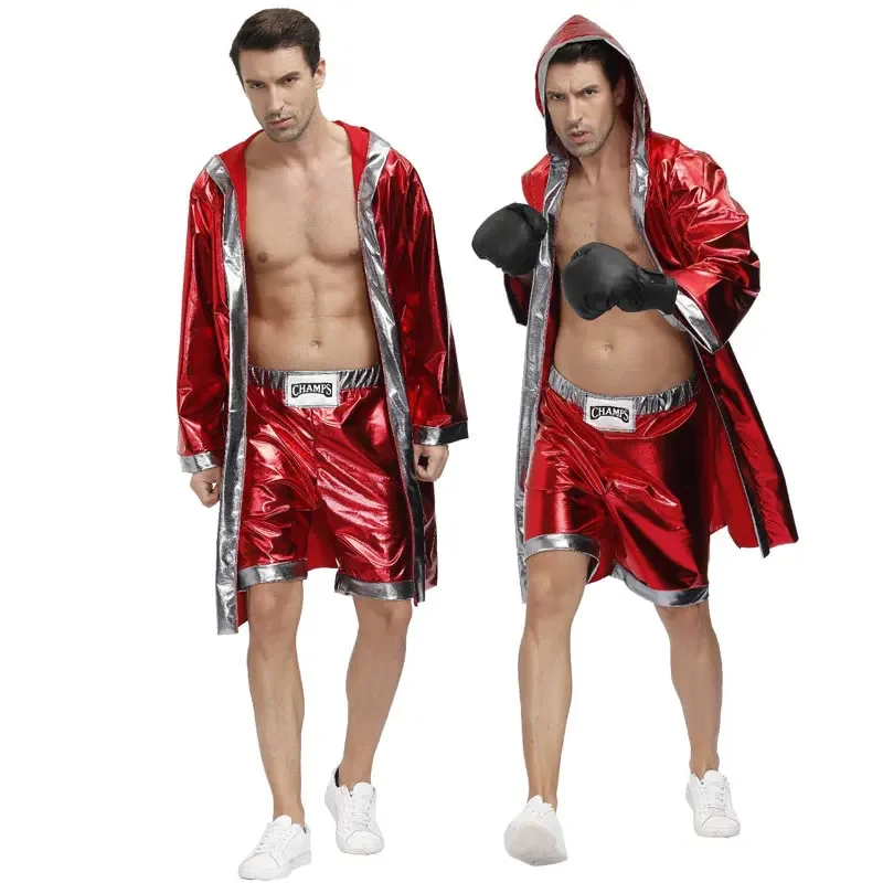 

Mens Red Boxer Costume Hooded Cloak Robe Crop with Shorts Movie Rocky Balboa Boxing Robe Clothes Training Uniform for Male