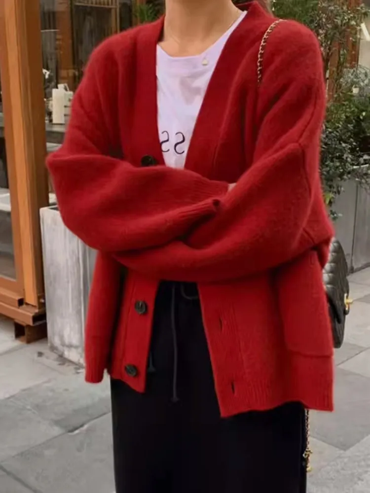 Loose Large Size Cashmere Sweater Coat Women Korean Mid Length 100% Pure Merino Wool Knit French Cardigan Autumn/Winter Jacket 3