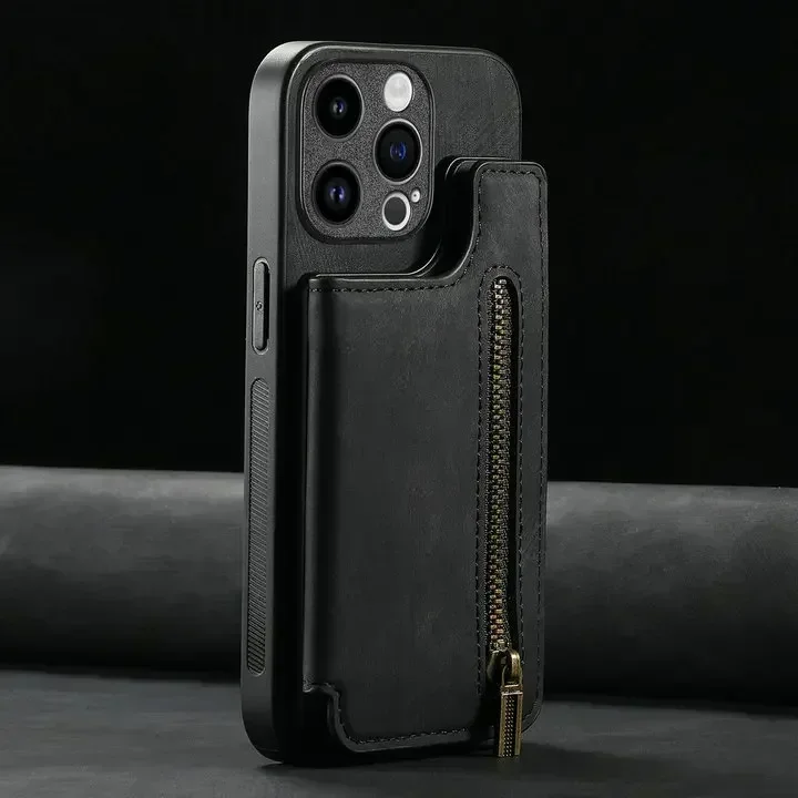Zippered Leather Wallet Case with Card Holder and Back Cover