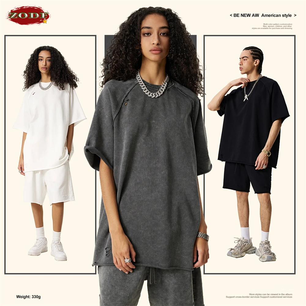 ZODF 2025 Men Summer Heavy Weight Washed 330gsm Cotton T-shirt Unisex High Street Distressed Holes Oversized T Shirts Tee HY0984 3