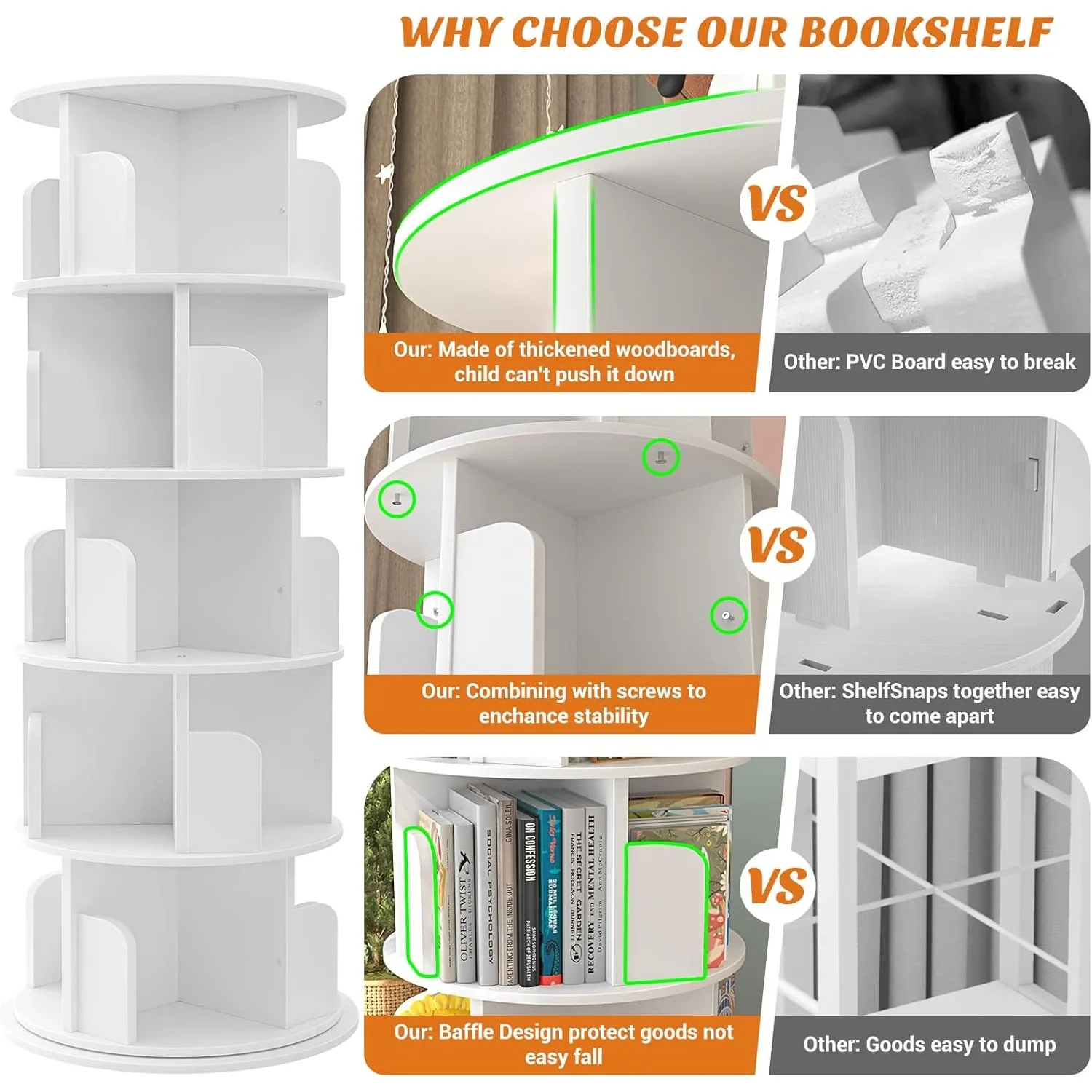 Rotating bookshelf, 360 display wooden rotating bookshelf tower, 5 floor standing bookshelf storage shelf, bedroom, study
