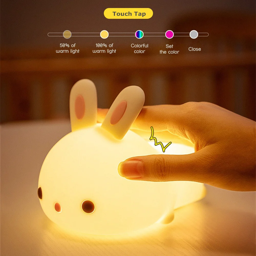 Touch Sensor RGB LED Rabbit Night Light 16 Colors USB Rechargeable Silicone Bunny Lamp for Children Baby Toy Festival Gift 5