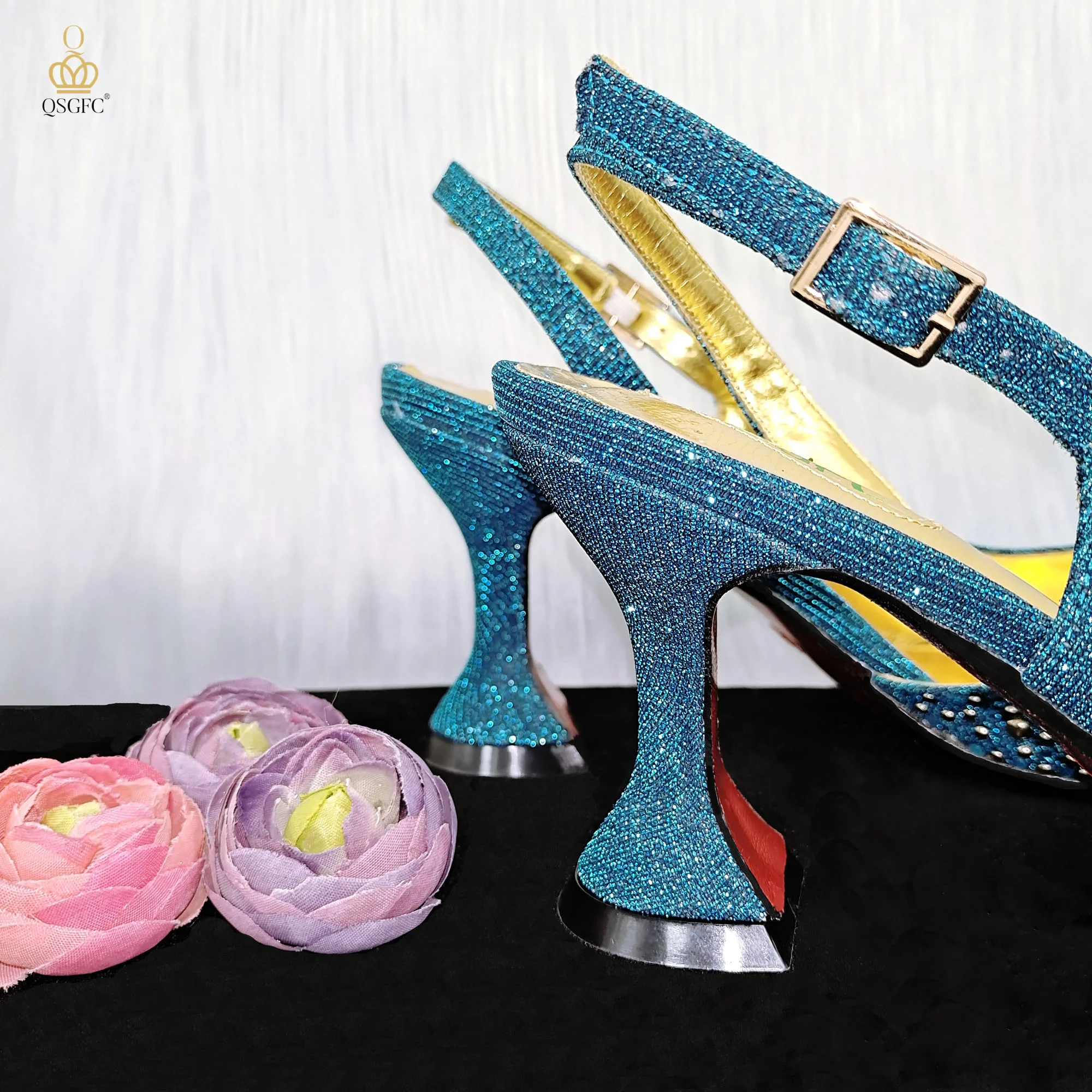 QSGFC Italian Design Noble Dual-Purpose Three-Dimensional Bag And Ladies Heel Shoes Shiny Material For Nigeria Wedding Party