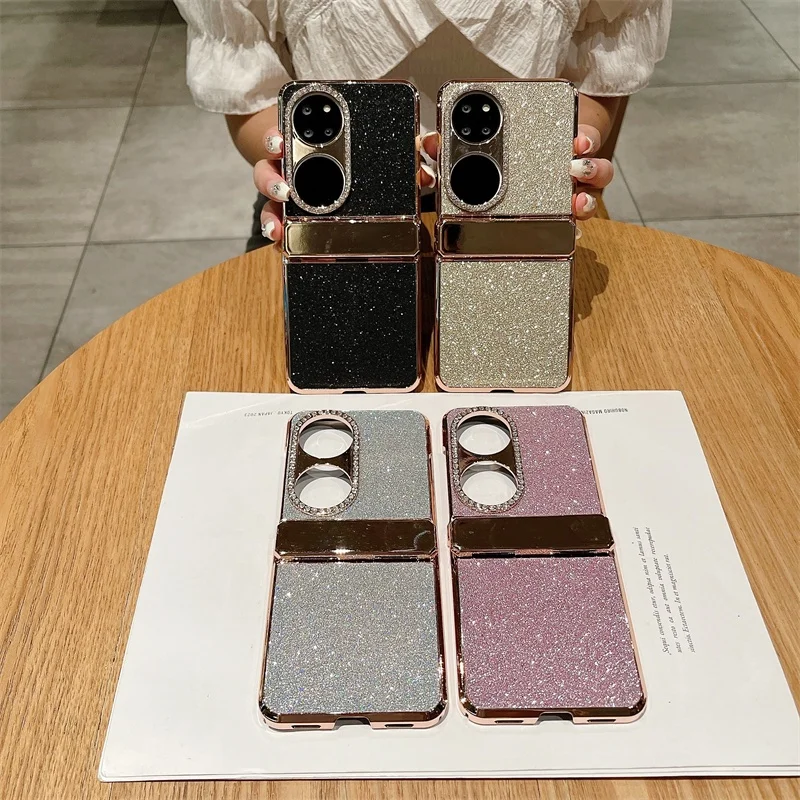 Glitter PU Leather Grain Electroplated Hinge Phone Case For Huawei P50 Pocket PocketS Diamond Blingbling Camera protection Cover