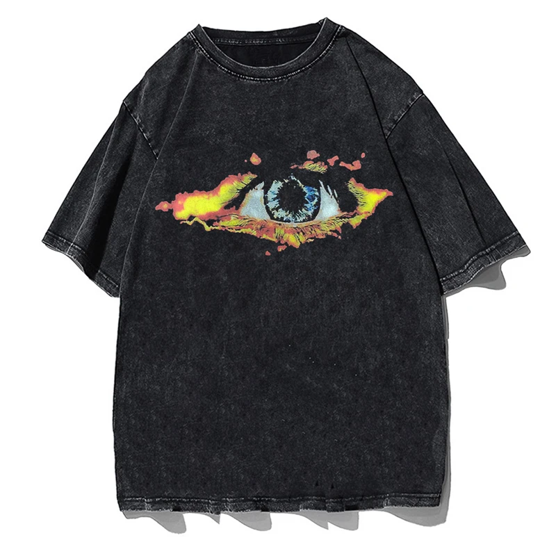 

Hip Hop Short Sleeve Unisex T-shirt Eyes Graffiti Print Washed T Shirt Men Loose High Quality Cotton Tops Harajuku Streetwear