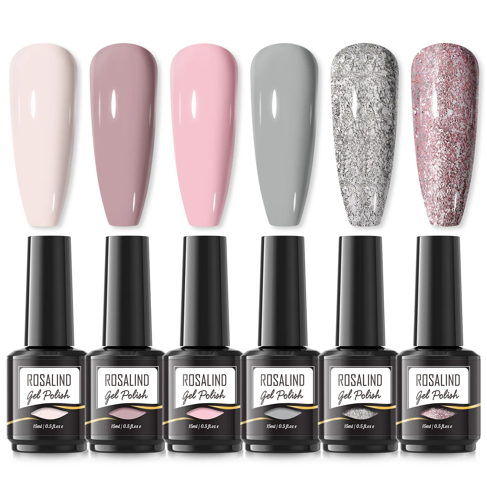 ROSALIND 15ML Gel Set 2/6PCS Nail Polish Set Semi Permanent Brights Colors Soak Off UV Gel Base Top Coat Nail Art Decoration 2