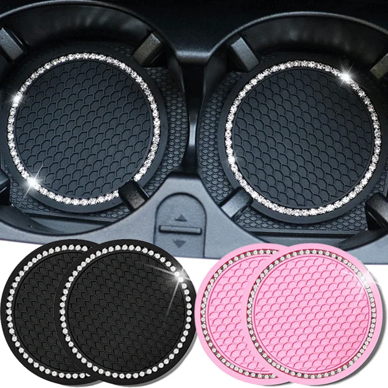 Non-slip Car Water Cup Pad Diamond Rhinestone Rubber Mat For Bottle Holder Coaster Auto Interior Anti-skid Cup Holders 7cm 2pcs cup holder coasters car coaster pads