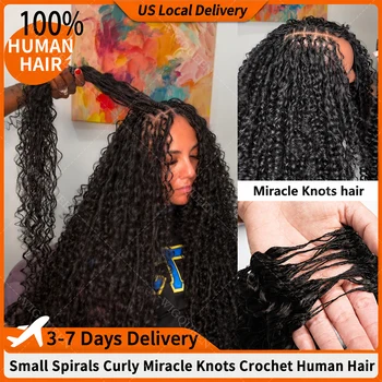 15A Small Spirals Curly Miracle Knots Feather Crochet Human Hair For Boho Braiding Invisible Knot PreSeparated Knotless Kinky Curly Crochet Human Hair Extensions Reusable Pre looped Natural Black Crochet Bundles With String Bulk 100% Human Hair Extensions 1