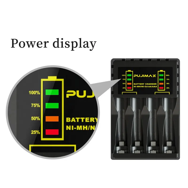 Battery Charger PUJIMAX 4 Slots Intelligent Ni-Mh for Rechargeable 1.2V AA Ni-MH Battery with USB Output Power LED Display