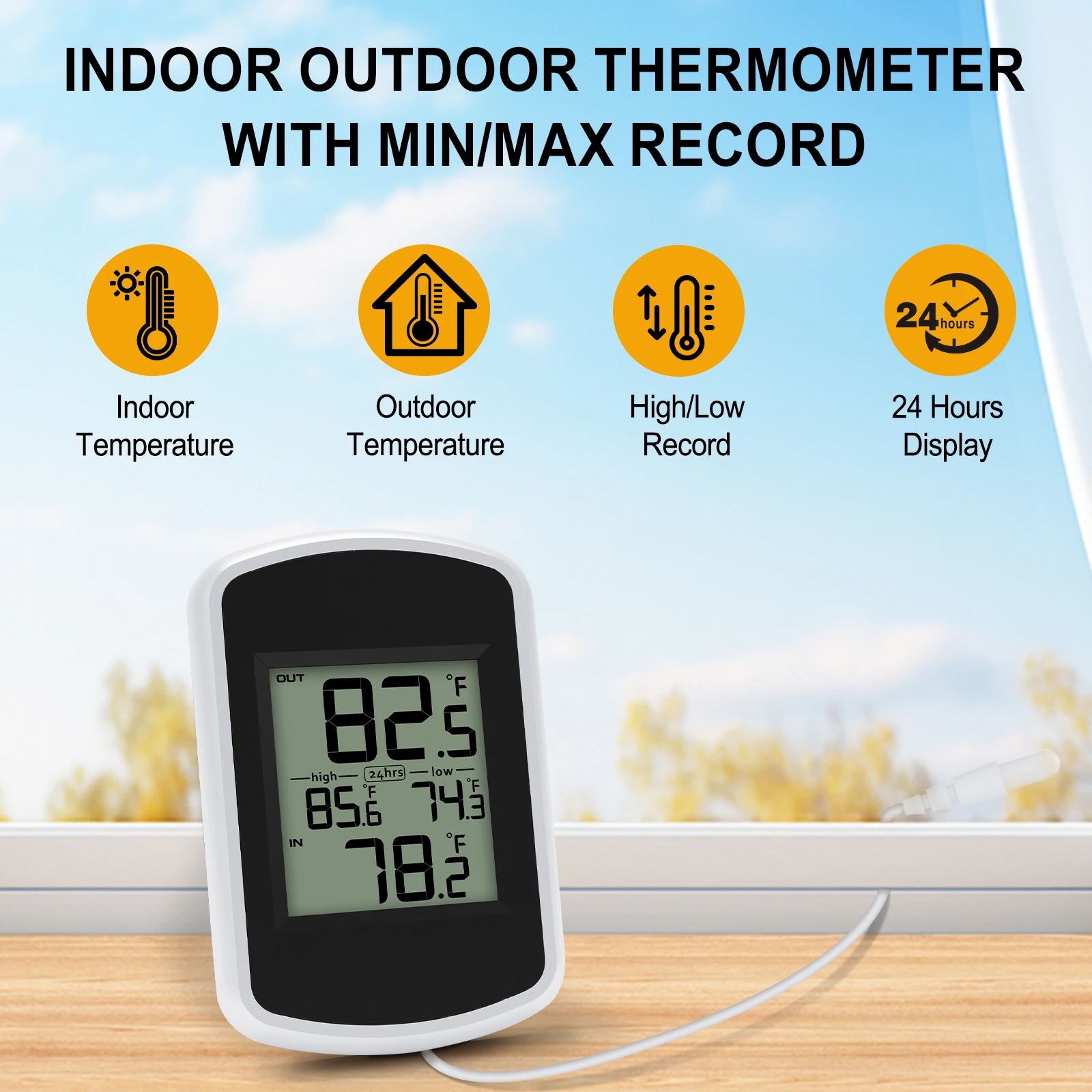 Digital Thermometer Waterproof Indoor Outdoor with 2m Probe Sensor Min/Max Memory LCD Display for Home Garden Fridge Aquarium - 3