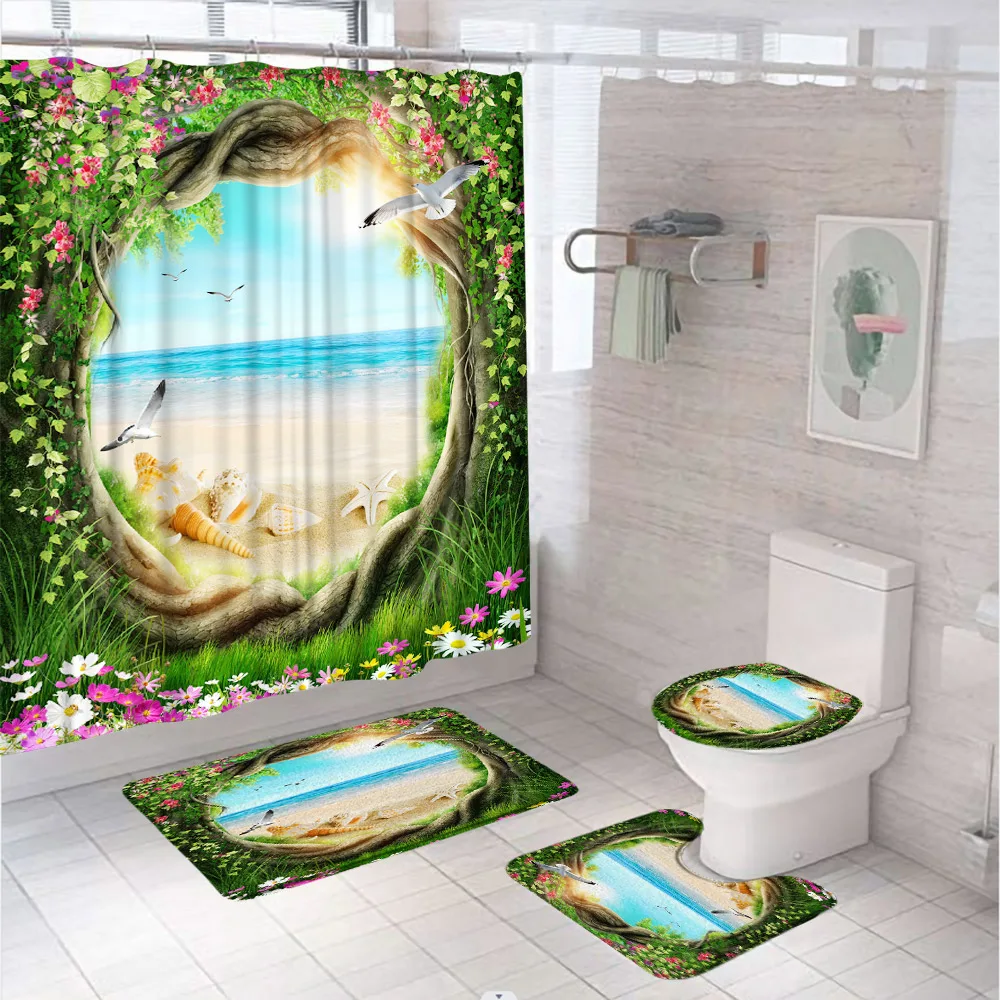 

Psychedelic Tropical Beach Shower Curtain Set Ocean Starfish Conch Shells Tree Hole Bathroom Curtains Bath Mat Rug Toilet Cover