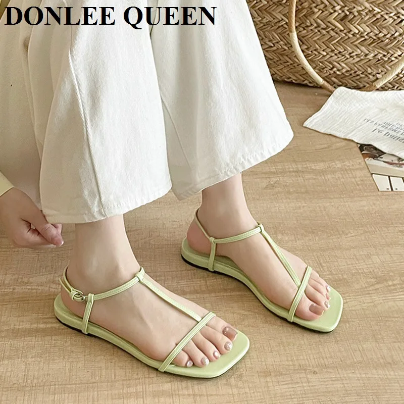 2025 Summer Sandals Women Flat Square Toe Fashion Brand Narrow