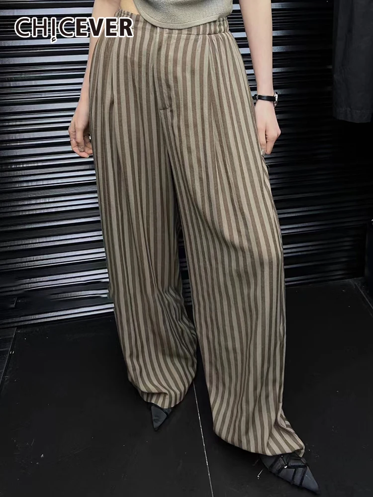 

CHICEVER Casual Striped Straight Pants For Women High Waist Patchwork Button Minimalist Fashion Colorblock Loose Trousers Female