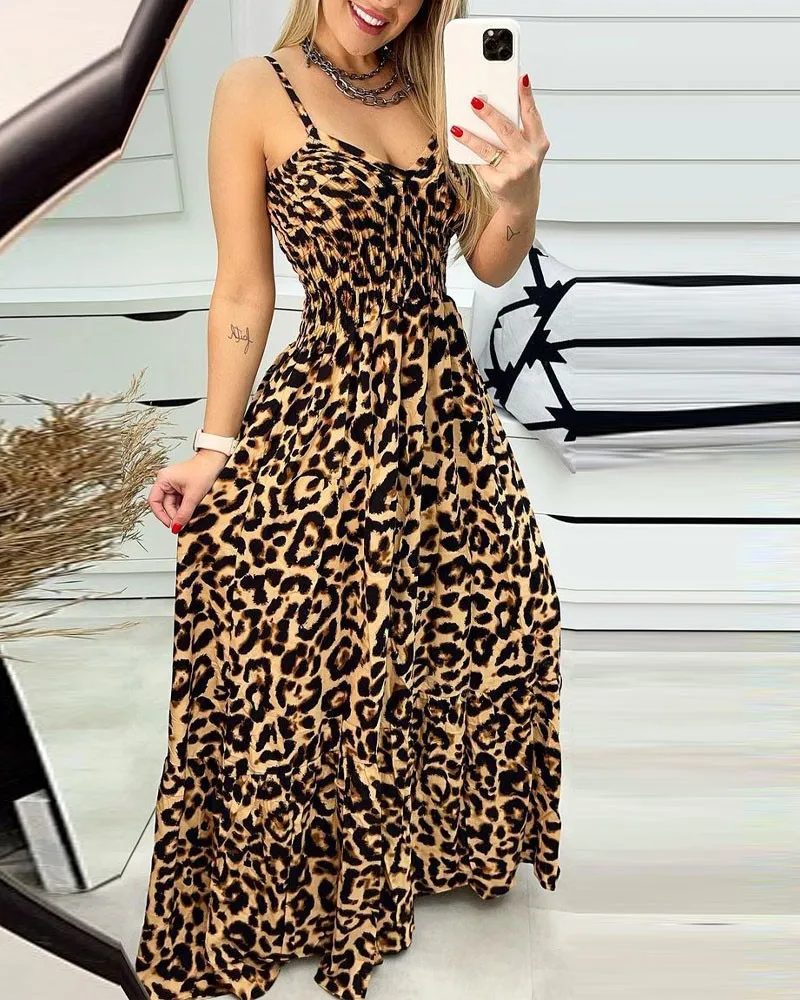 

Summer Rubber Band Long Leopard Pattern Mid Waist Sexy Strap Summer Swing Dress2023