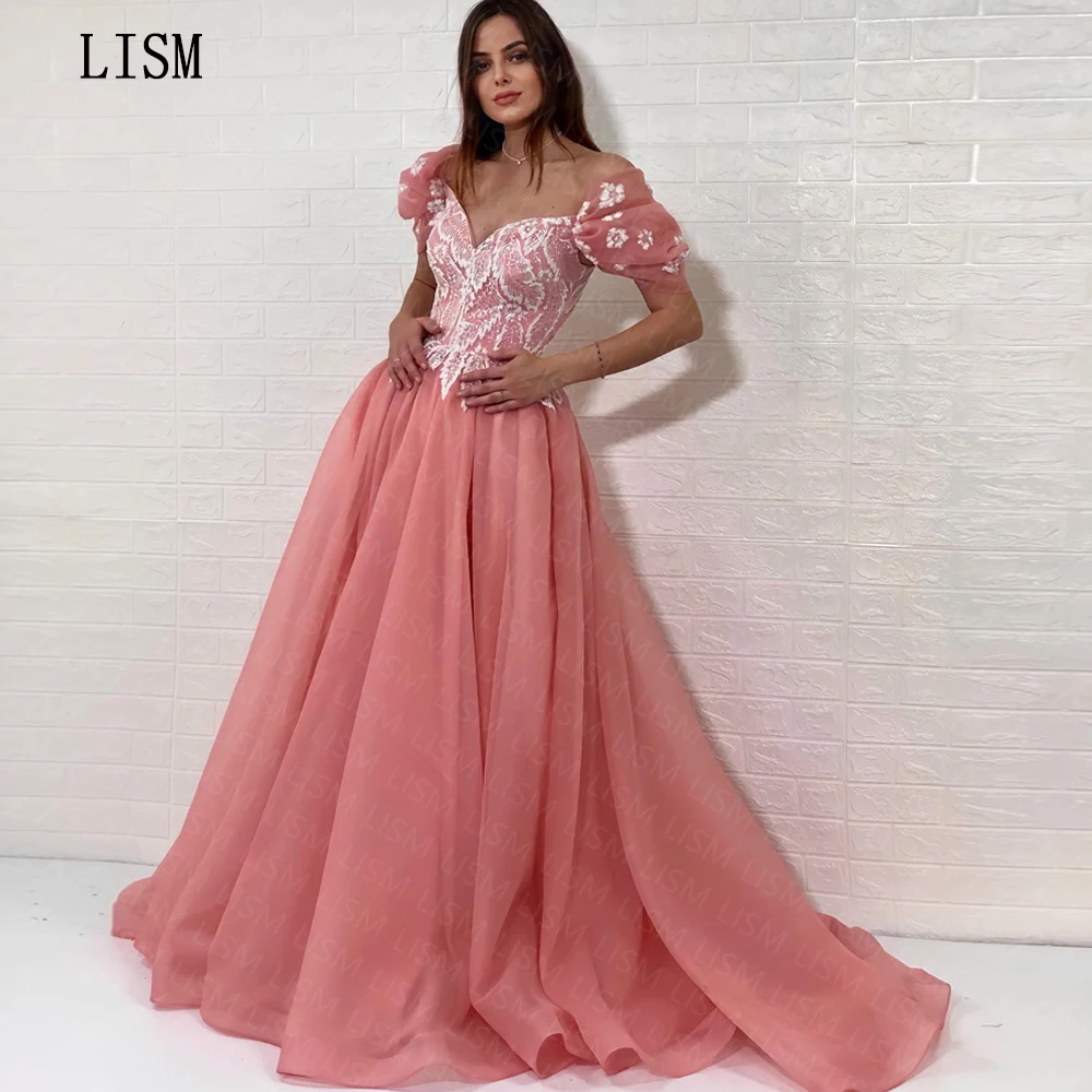 

LISM Pink Sweetheart Short Sleeves A-line Evening Party Prom Gowns Empire Draped Appliques Floor Length Vestidos De Fiesta