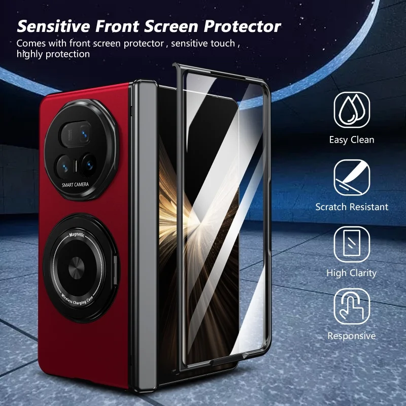 Matte Hard Protective Flip Case with Kickstand and 360° Rotating Magnetic Ring Holder, Includes Tempered Glass