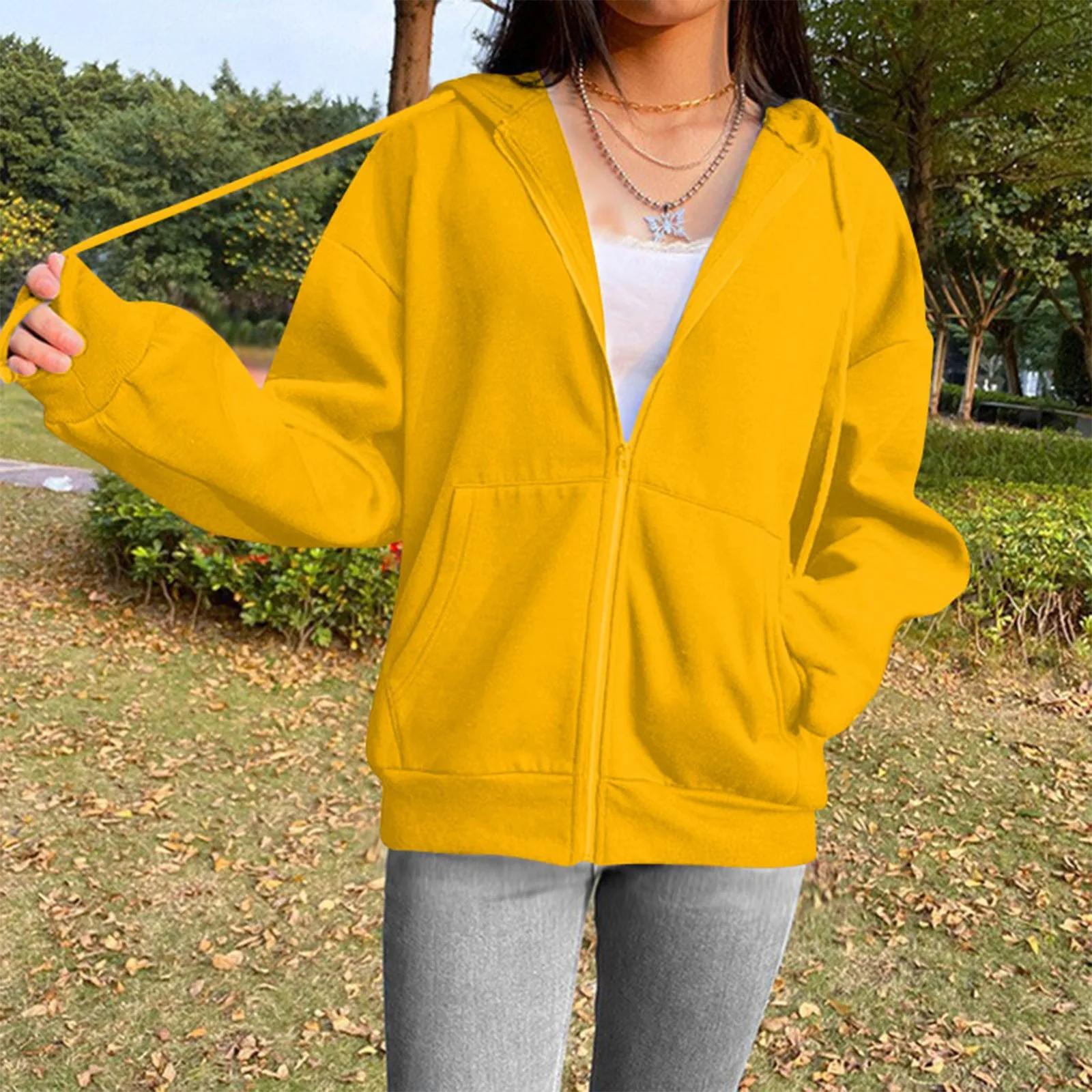 

Harajuku Zip Up Hoodie Women Retro Long Sleeve Oversized Solid Color Hoodies Autumn Korean Style Pocket Drawstring Sweatshirt