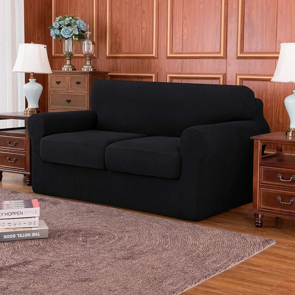 

3-Piece High Spandex Textured Grid Sofa Slipcover, Separate Cushion Cover(Black, Loveseat)