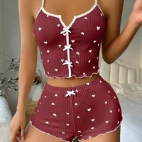 Sexy Sleepwear Women Pajamas Set Heart Print Silk Stain V-Neck Sleeveless Casual Cami Top and Shorts Sets Home Suit Loungewear - Image 2