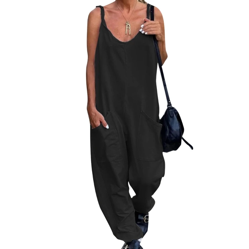 

Women Spaghetti Strap Rompers Solid Color Jumpsuits Sleeveless Harem Rompers Ins