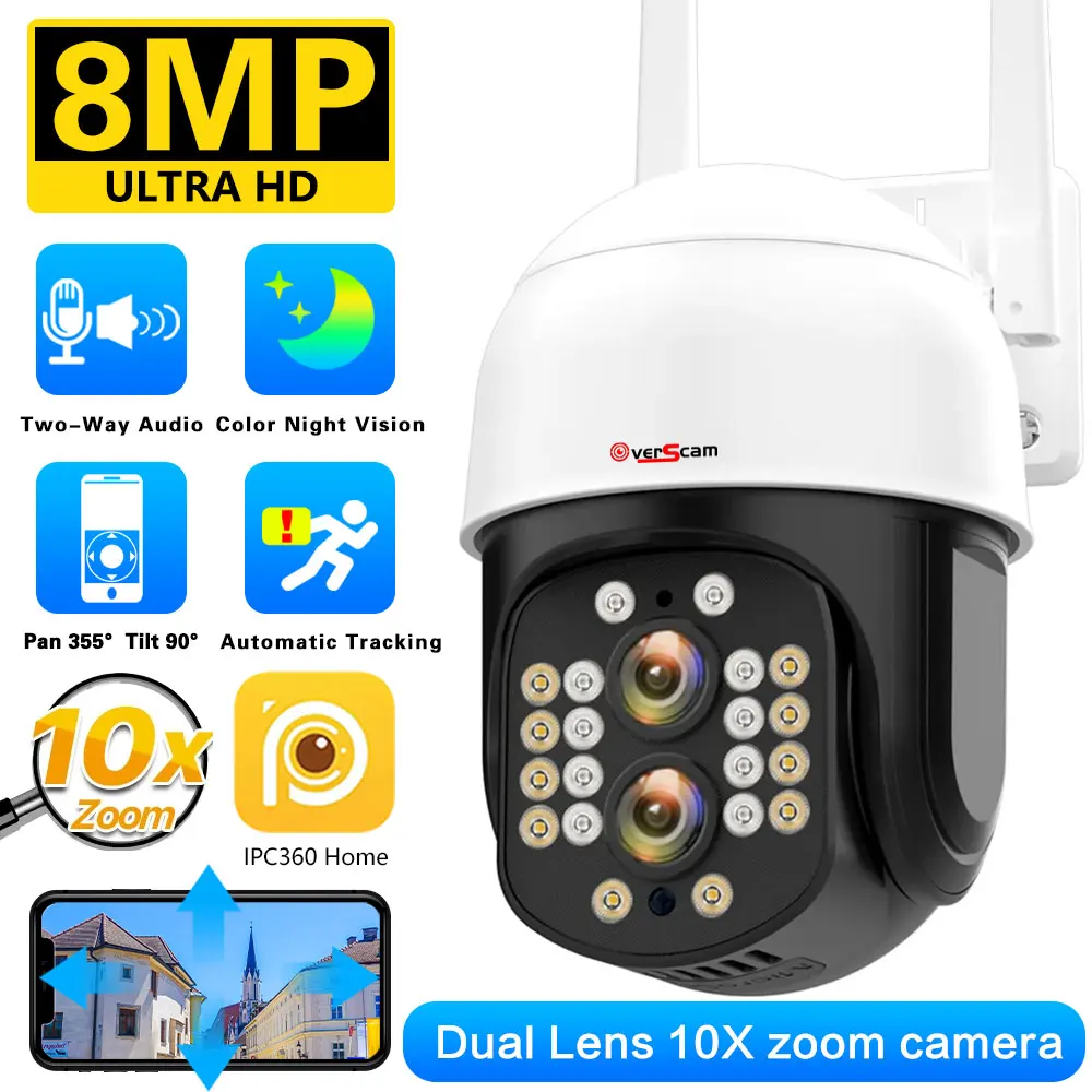 

8MP 4K PTZ IP Camera 10x Zoom Dual-Lens Human Detect CCTV Camera 4MP Smart Home Outdoor Wifi Surveillance Camera IPC360 Hpme APP