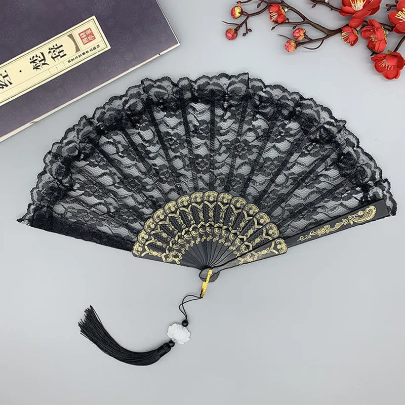 

Retro Style Lace Cheongsam Fan Folding Fan Lace Fan Catwalk Hanfu Black Circular Fan Small Fan