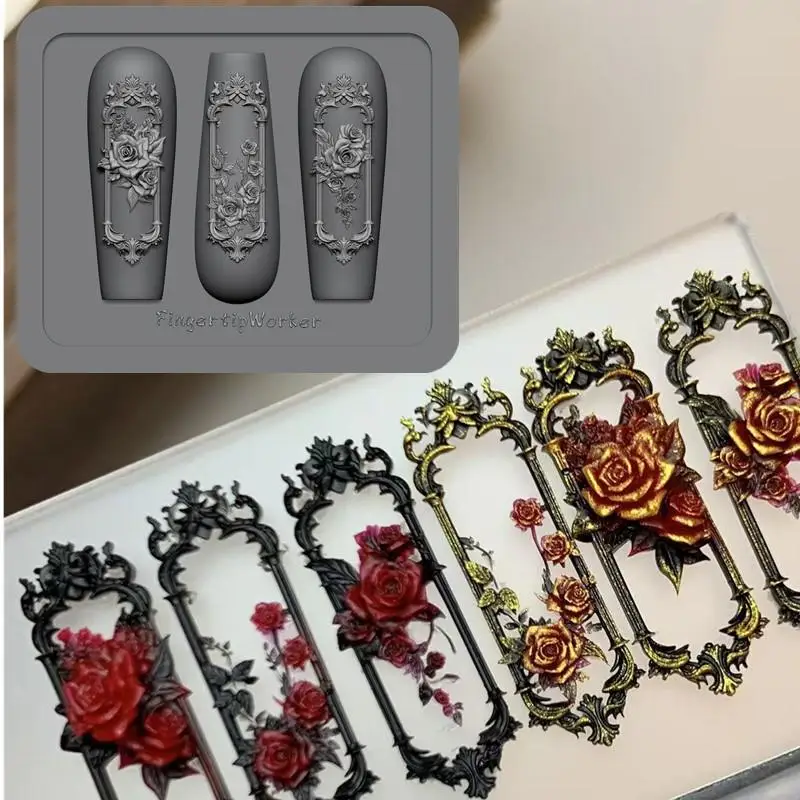 1pcs DIY 매니큐어 장식 도구 레트로 3D 네일 몰드 창틀 장미 꽃 프레임 네일 몰드 3D 조각 실리콘 템플릿