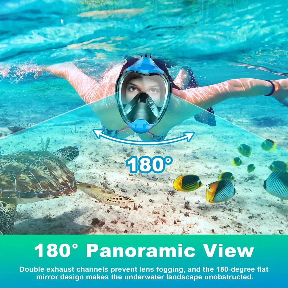HINATAA Maschera da Snorkeling Integrale a 180°, Design per respirazione Libera, Anti-Appannamento e Anti-perdite, con Cinghie Regolabili per la Testa, per Adulti, Ragazzi e Bambini (L/XL, Blu