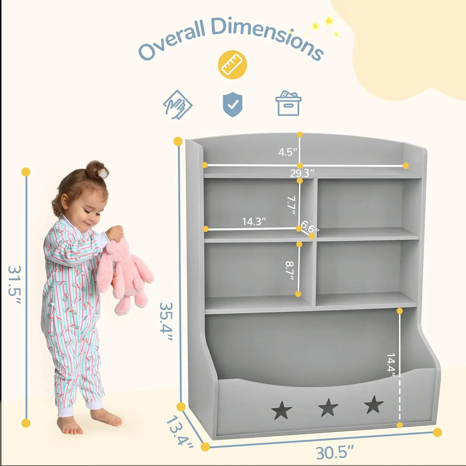Kids Bookshelf, Three-and-a-Half Tier Wooden Bookcase, Bookshelf for Playing Room, Nursery, Bedroom, Toy Storage Cabinet