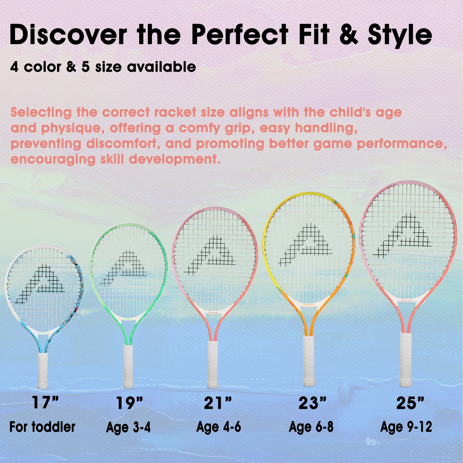AMASPORT Premium Kids Tennis Racket 17-25'' Lightweight & Durable for Aged 2-12 Beginners Tennis Rackets tennis racket